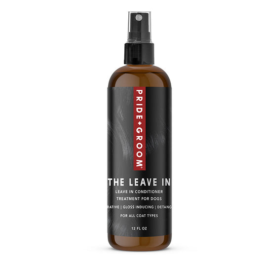 Bottle of Pride Groom Leave In Conditioner for dogs on a white background