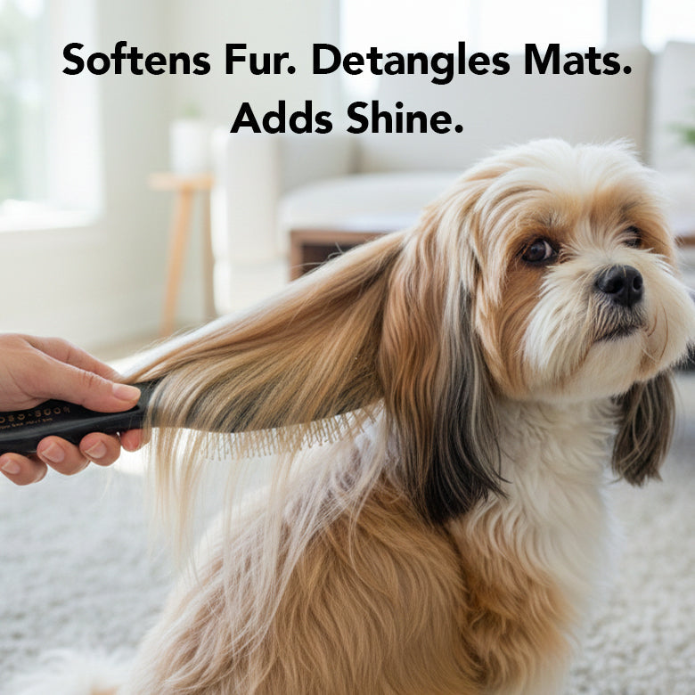 Dog being groomed with a brush, text indicating product benefits.