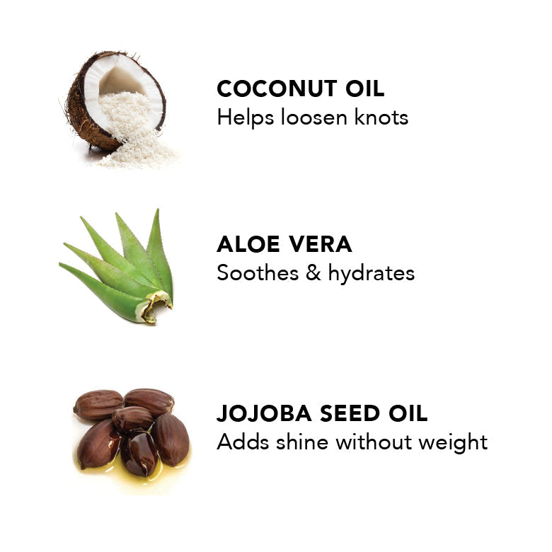 Illustration of coconut, aloe vera, and jojoba seeds with text describing their benefits on a white background.