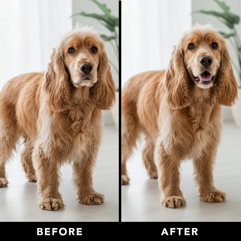 Side-by-side comparison of a dog labeled 'Before' and 'After' with a blurred background.