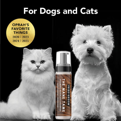 Cat and dog with a bottle of 'The Mane Tame' product on a black background, featuring Oprah's Favorite Things logos.