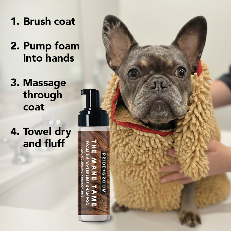 Dog wrapped in a towel with a bottle of 'The Mane Tame' shampoo and grooming instructions.