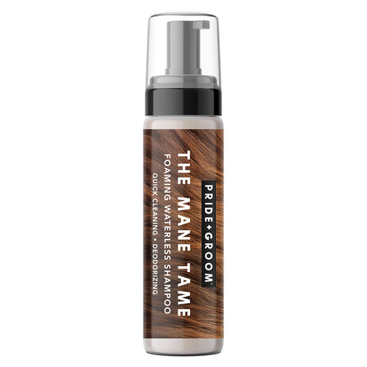 Shampoo bottle labeled 'The Mane Tame' by Pride Groom on a white background