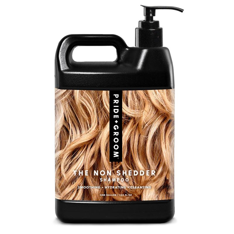 Black bottle of 'The Non Shedder Shampoo' by Pride & Groom with hair texture design on a white background.