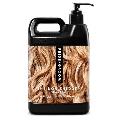 Black bottle of 'The Non Shedder Shampoo' by Pride & Groom with hair texture design on a white background.
