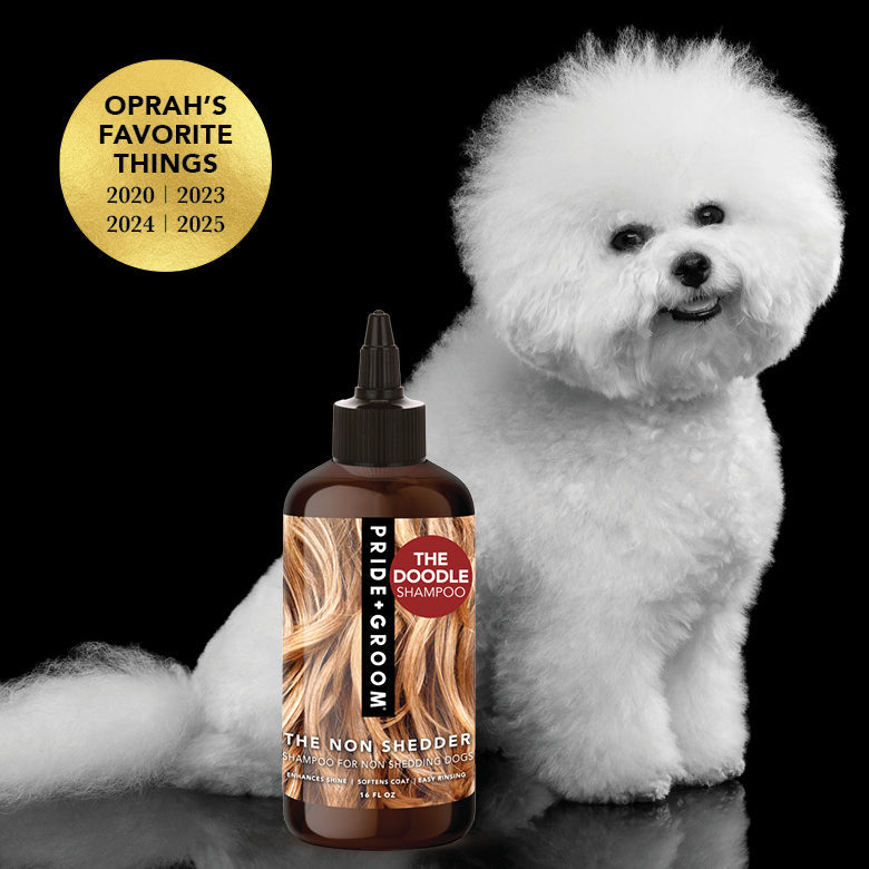Dog shampoo bottle with a dog and Oprah's Favorite Things label on a black background