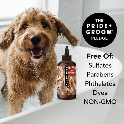 Dog in a bath with a bottle of Pride Groom shampoo, featuring the brand's pledge on a white background.
