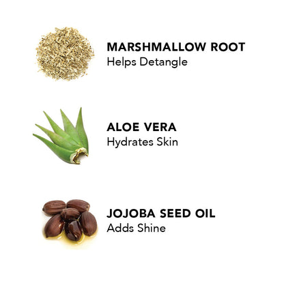 Illustration of marshmallow root, aloe vera, and jojoba seed oil with text on a white background