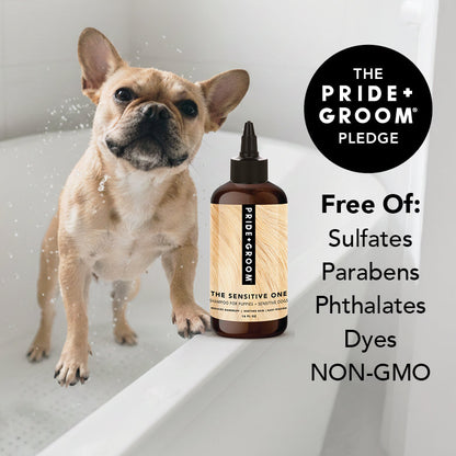 Dog in a bath with a bottle of Pride & Groom shampoo, featuring the brand's pledge on a white background.
