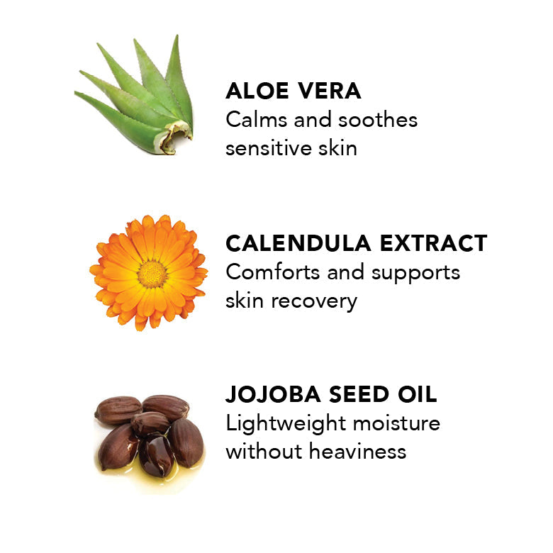 Illustration of aloe vera, calendula extract, and jojoba seed oil with their benefits on a white background.
