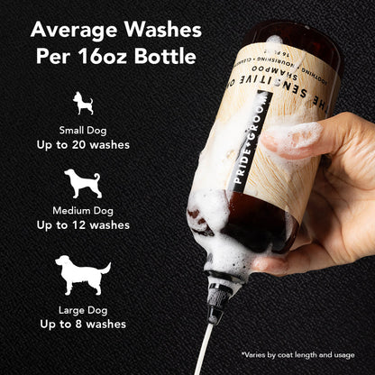 Hand holding a bottle of dog shampoo with usage information on a black background