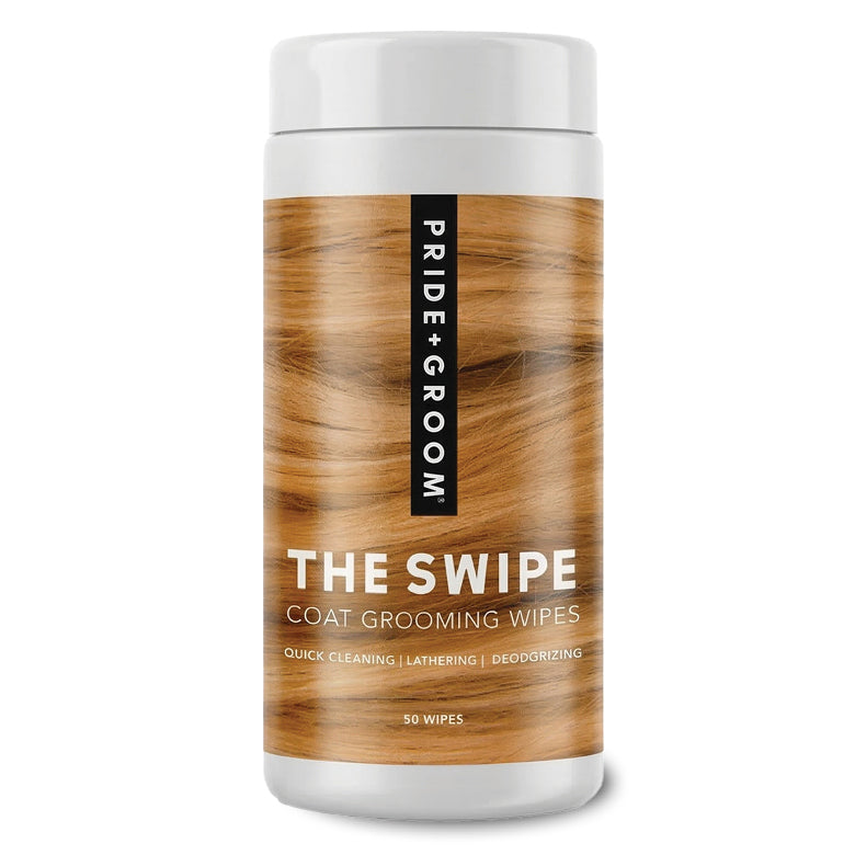 Pride & Groom The Swipe coat grooming wipes container on a white background