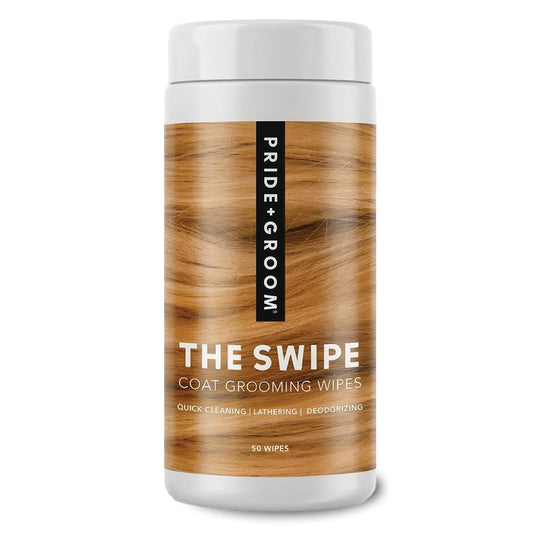 Pride & Groom The Swipe coat grooming wipes container on a white background