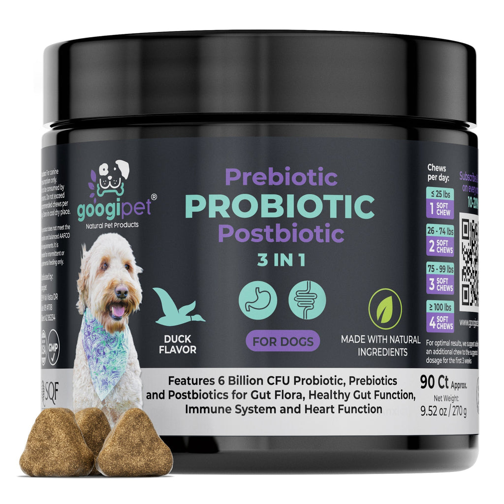 Googipet prebiotic, probiotic, and postbiotic supplement for dogs on a white background