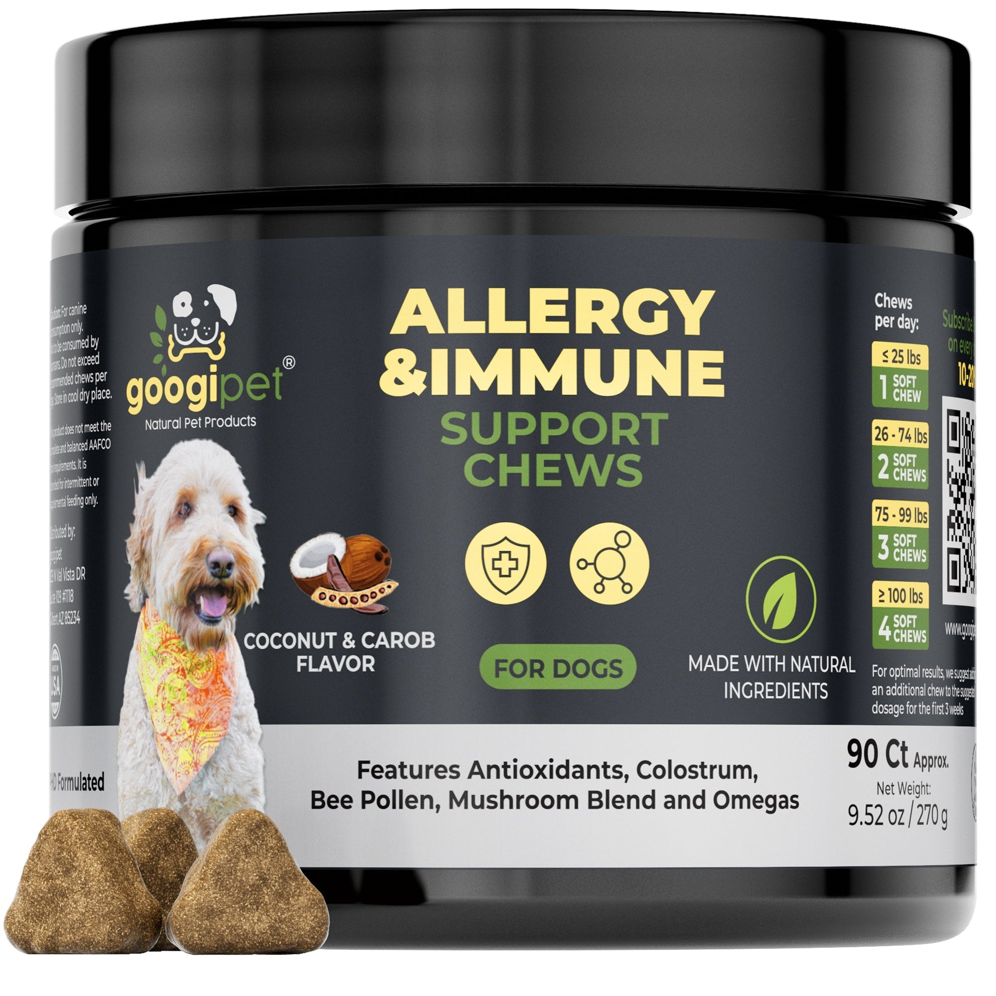 Container of googi pet allergy and immune support chews for dogs on a white background