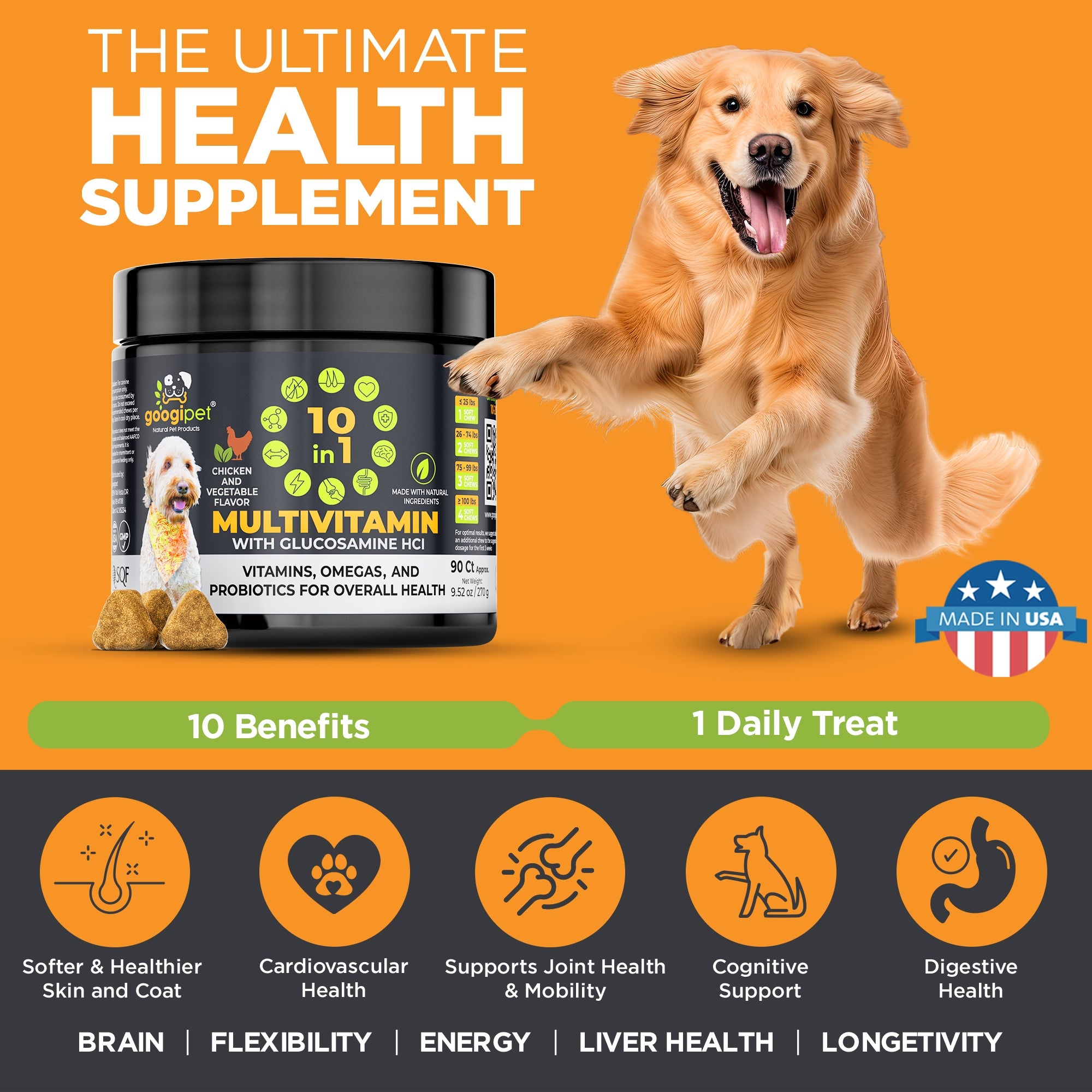 Dog multivitamin supplement with a dog on an orange background