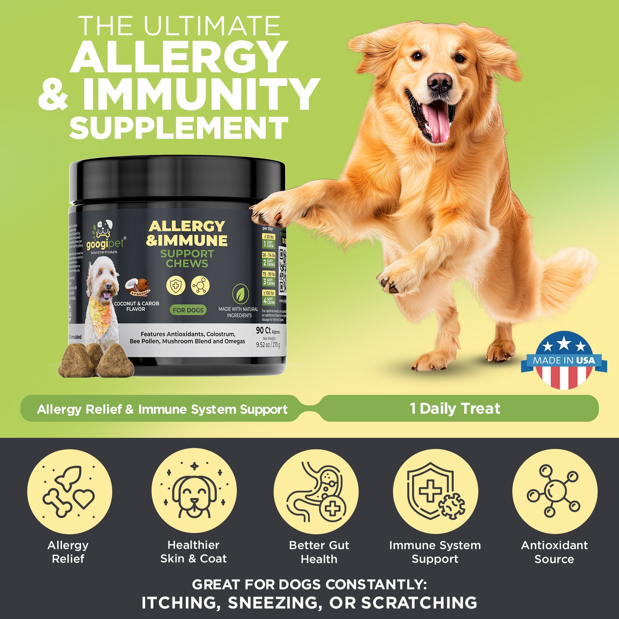 Dog allergy and immunity supplement with a dog on a green background