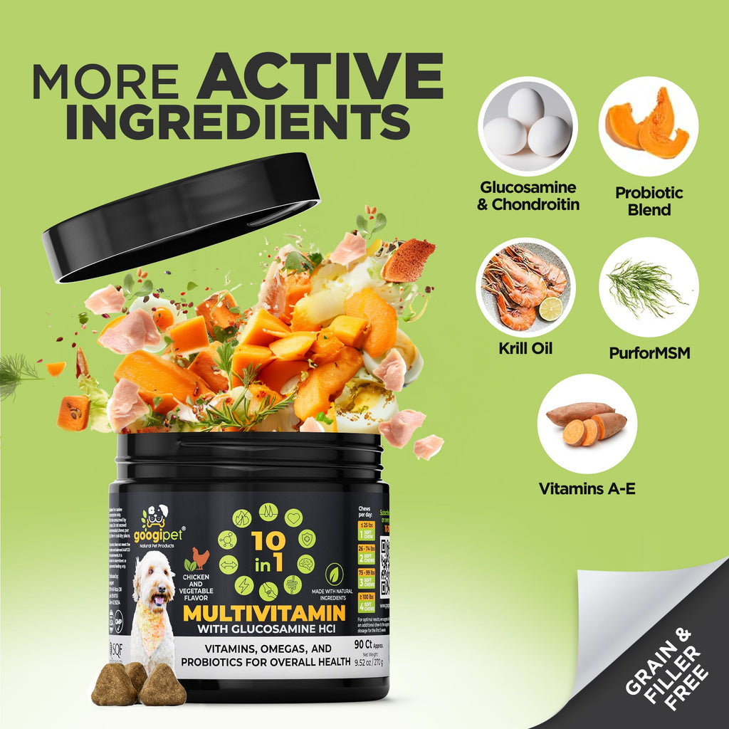 Dog supplement container with active ingredients listed on a green background