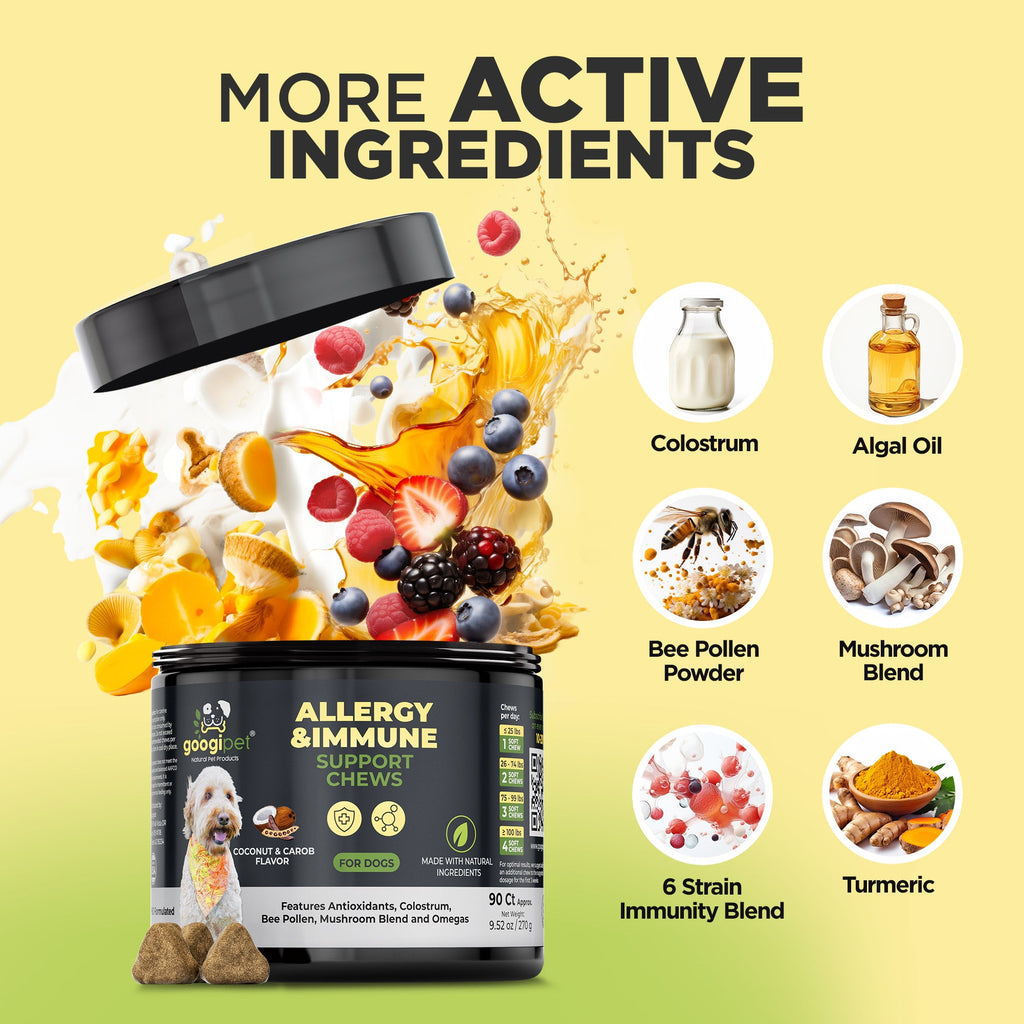 Dog supplement product with active ingredients listed on a yellow background