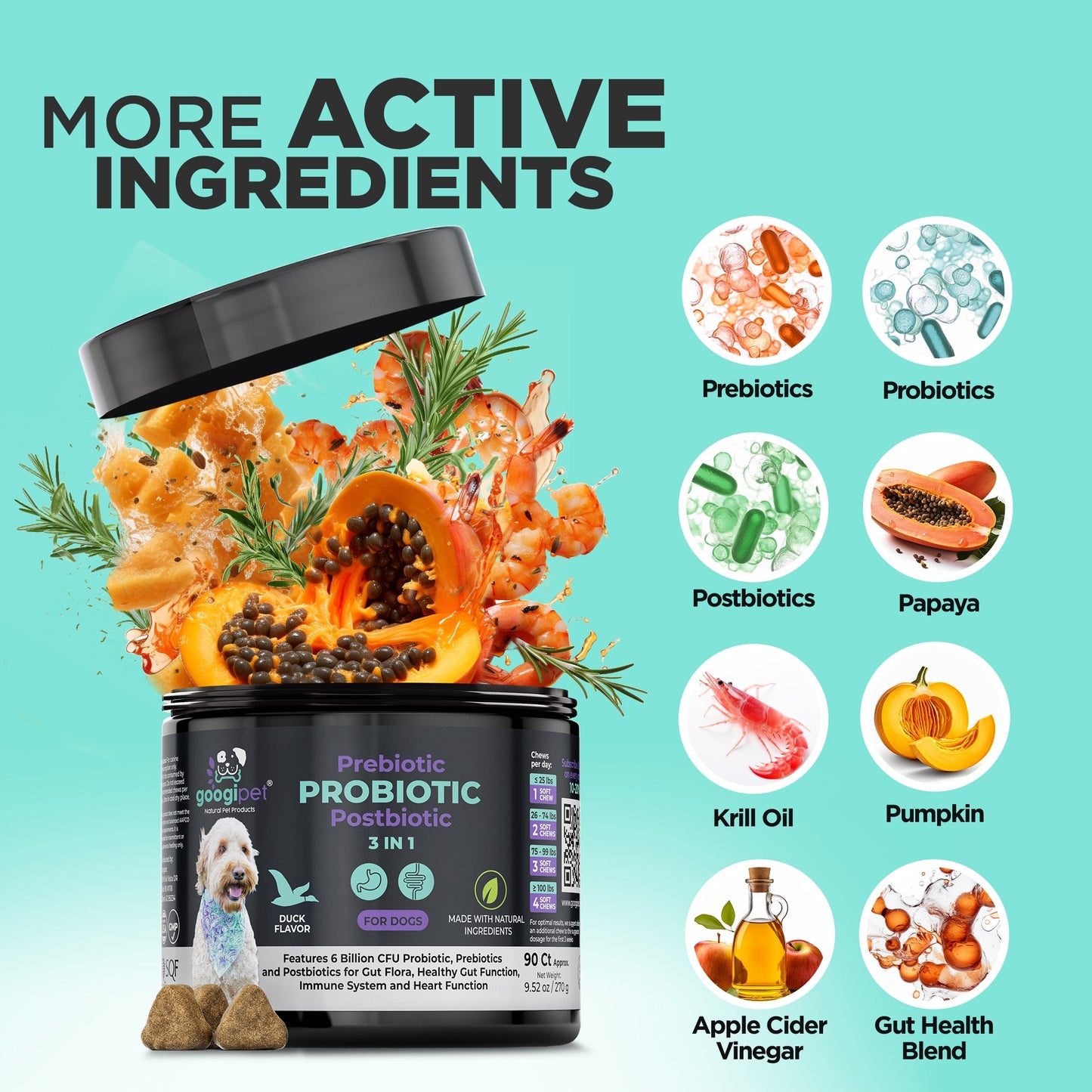 Probiotic supplement container with ingredients listed on a teal background