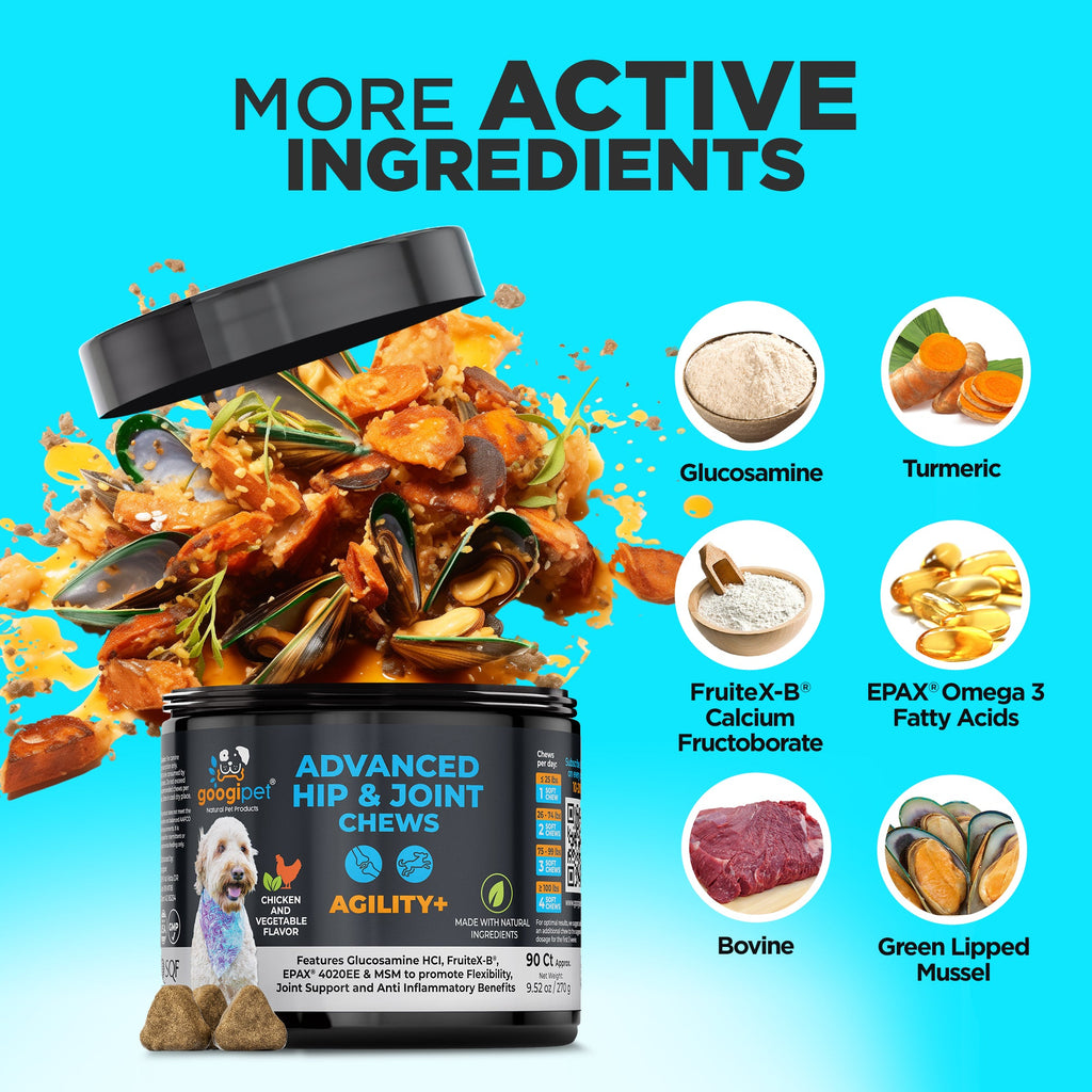 Dog supplement container with active ingredients listed on a blue background