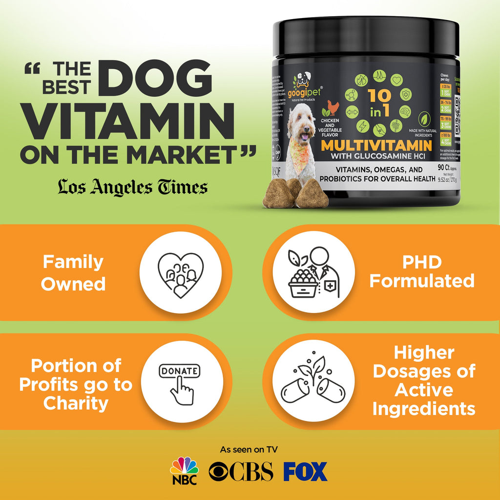 Dog vitamin supplement with branding and product details on a green and orange background