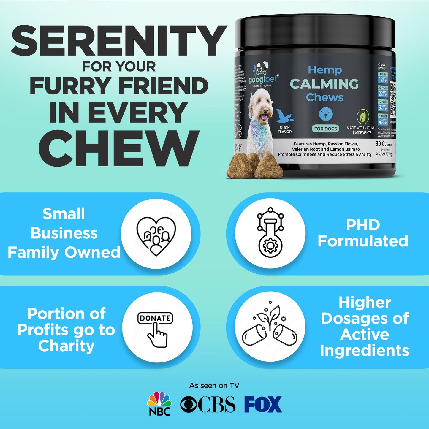 Dog supplement product with branding and promotional text on a light blue background