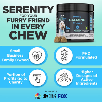 Dog supplement product with branding and promotional text on a light blue background