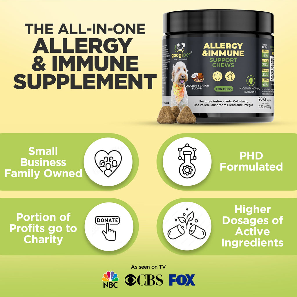 Dog allergy and immune supplement with branding and product details on a yellow and green background