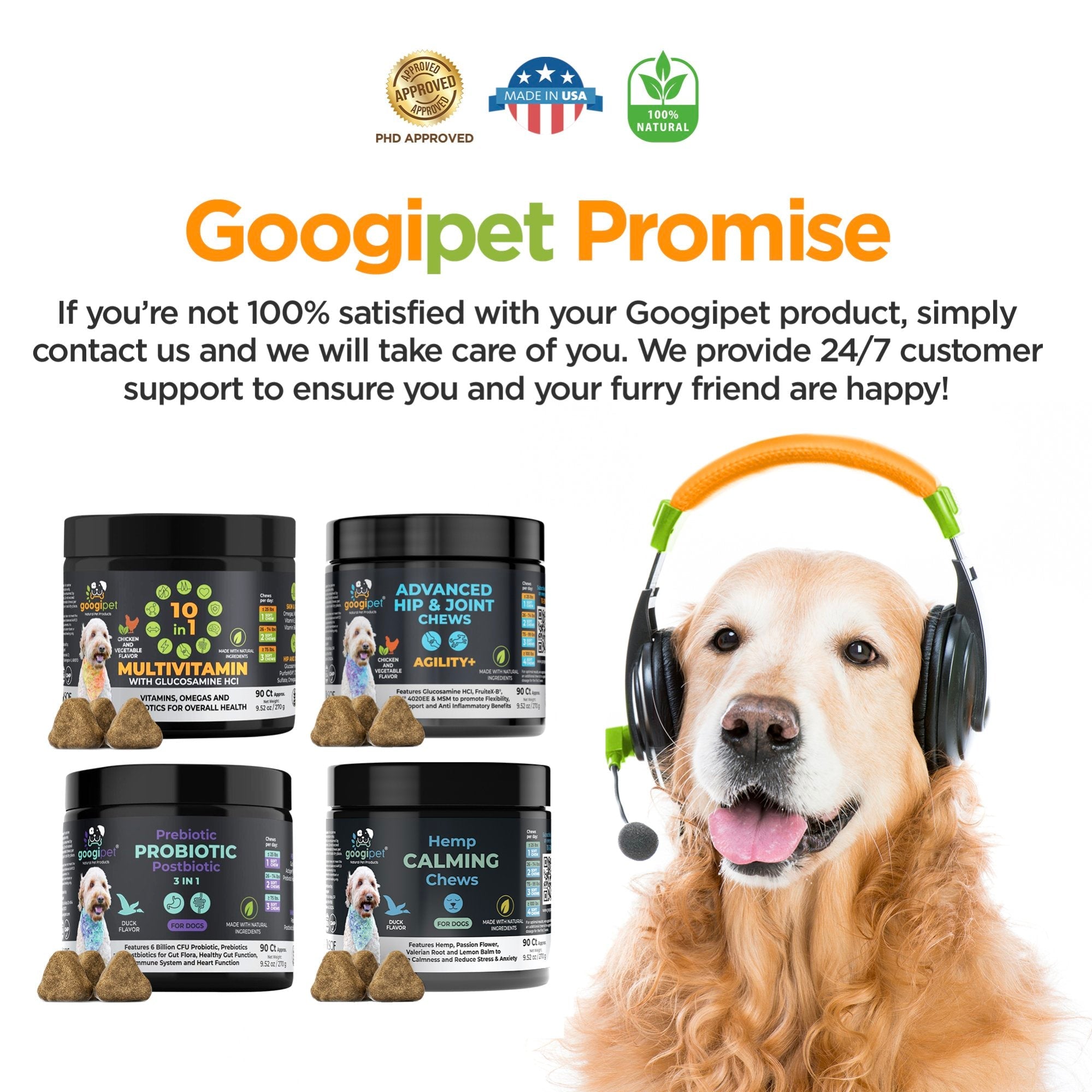 Dog with headphones and Googipet product packaging on a white background