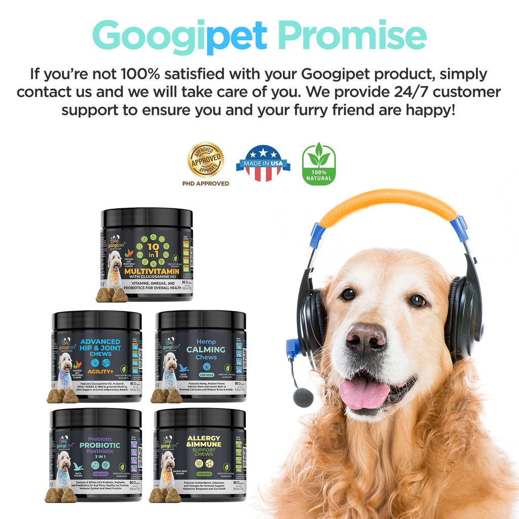 Dog wearing headphones with Googipet product packaging and promotional text on a white background