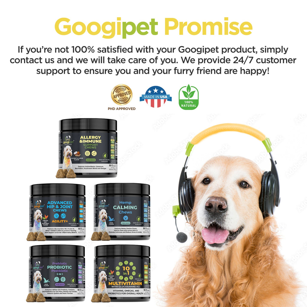 Dog wearing headphones with Googipet product packaging and promotional text on a white background
