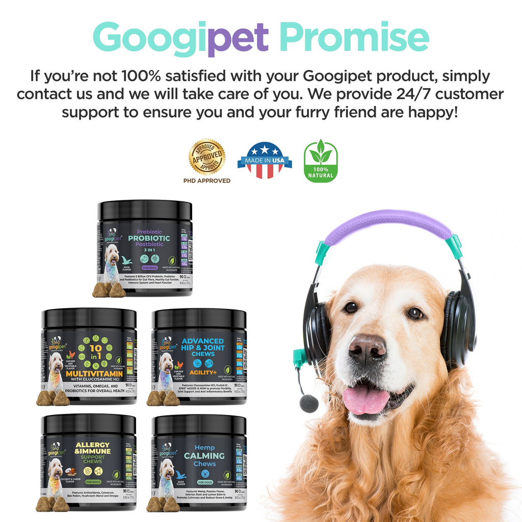 Dog wearing headphones with Googipet pet care products and promotional text on a white background