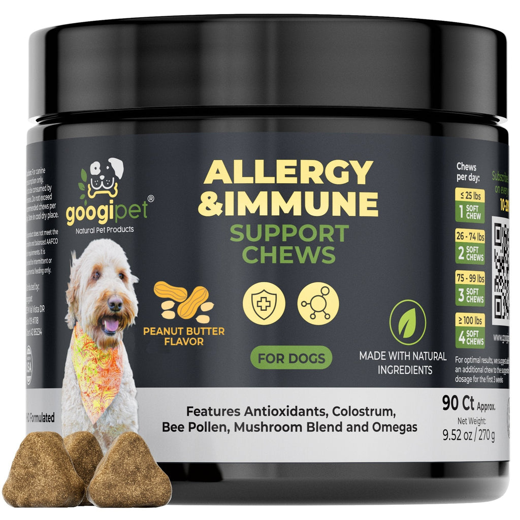 Container of googi pet allergy and immune support chews for dogs on a white background