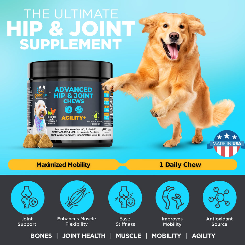 Dog supplement product with a happy dog on a blue background