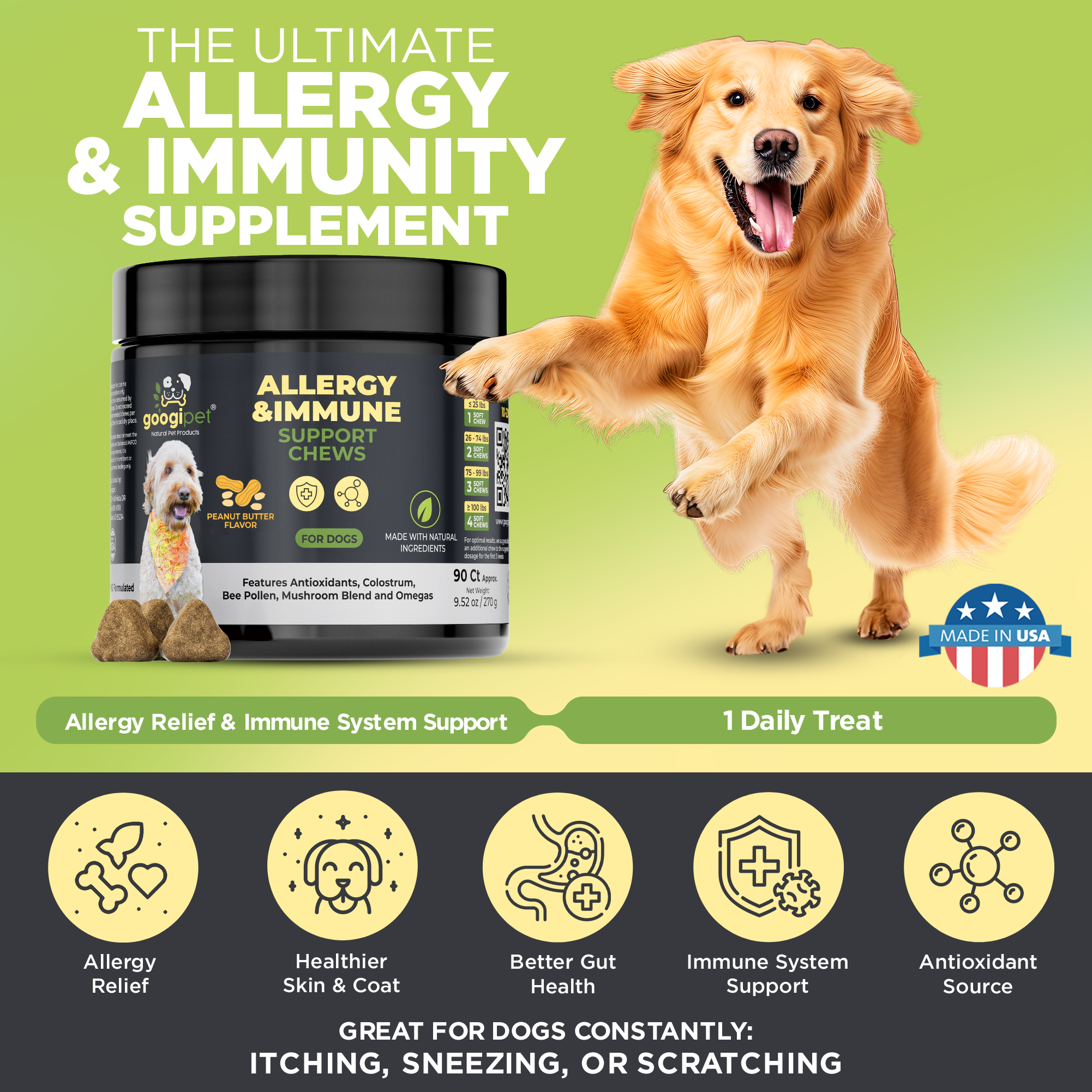 Dog allergy and immunity supplement with a dog on a green background