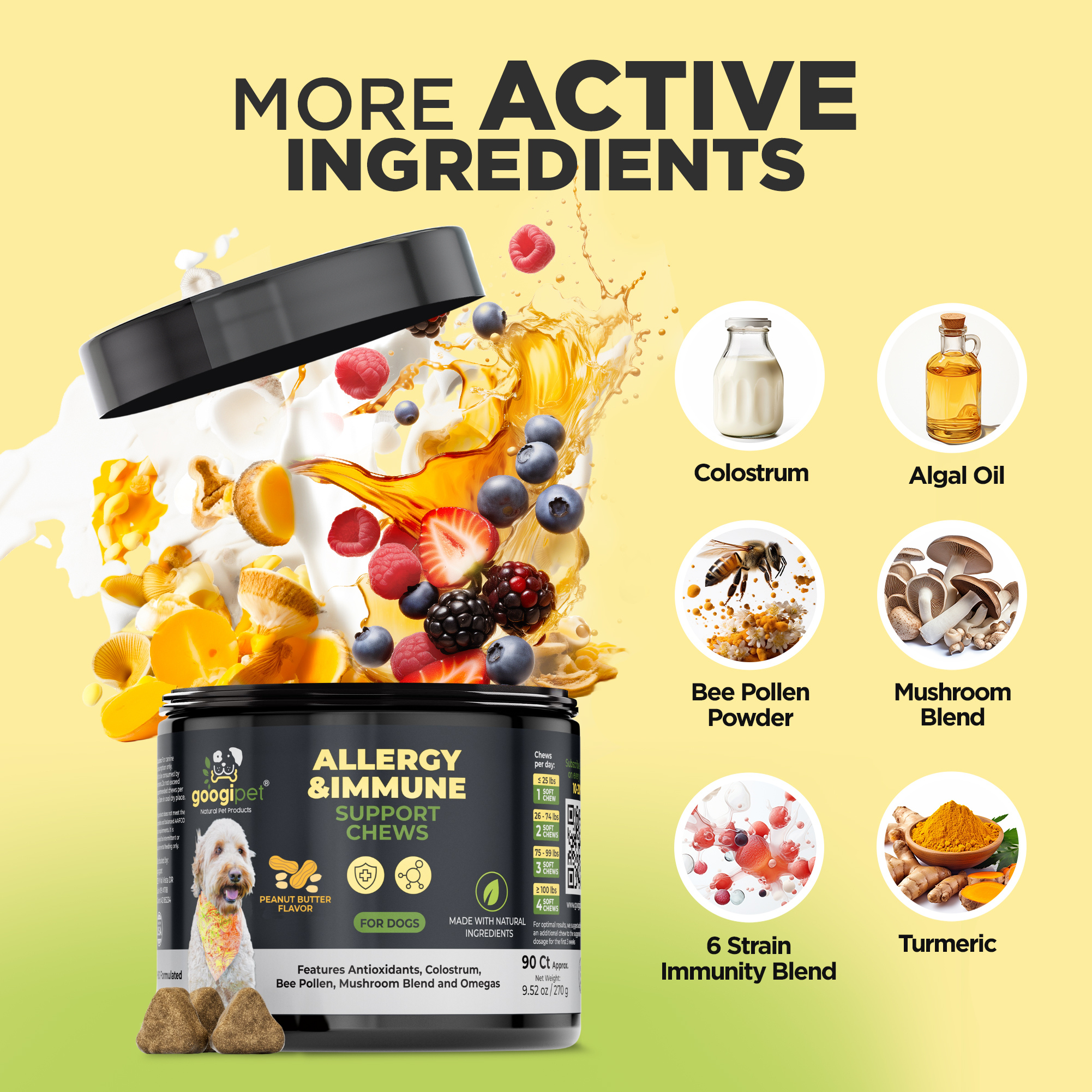 Dog supplement container with active ingredients on a yellow background