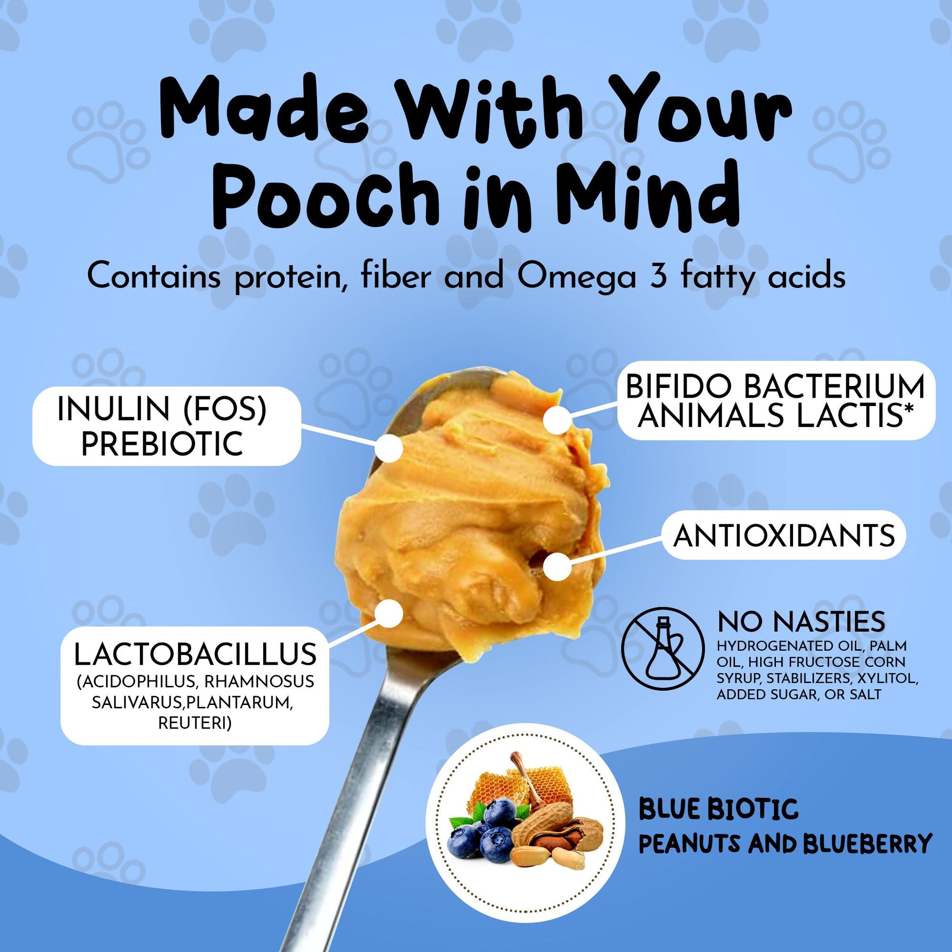 Dawg Butter Blue Biotic blueberry peanut butter close up