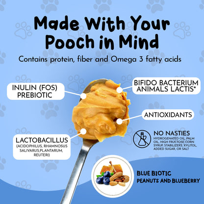 Dawg Butter Blue Biotic blueberry peanut butter close up