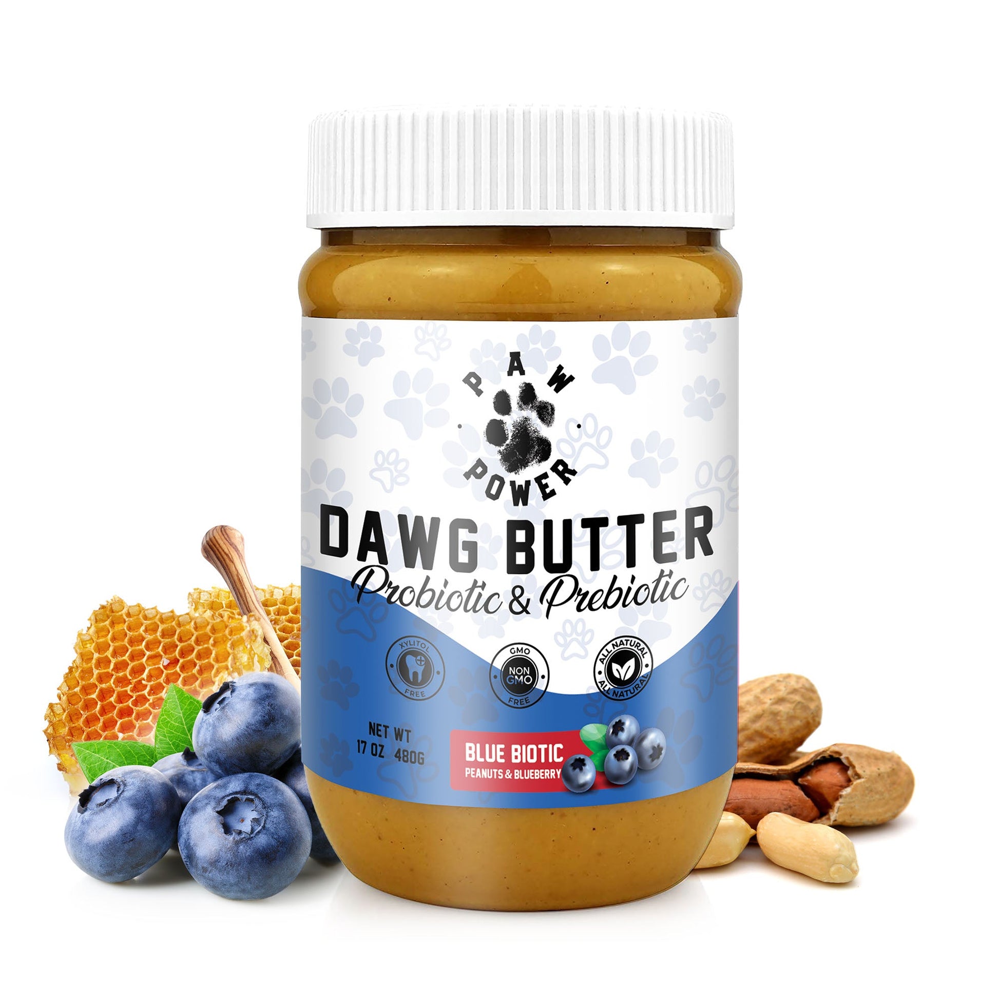 Dawg Butter Blue Biotic peanut butter jar, front view