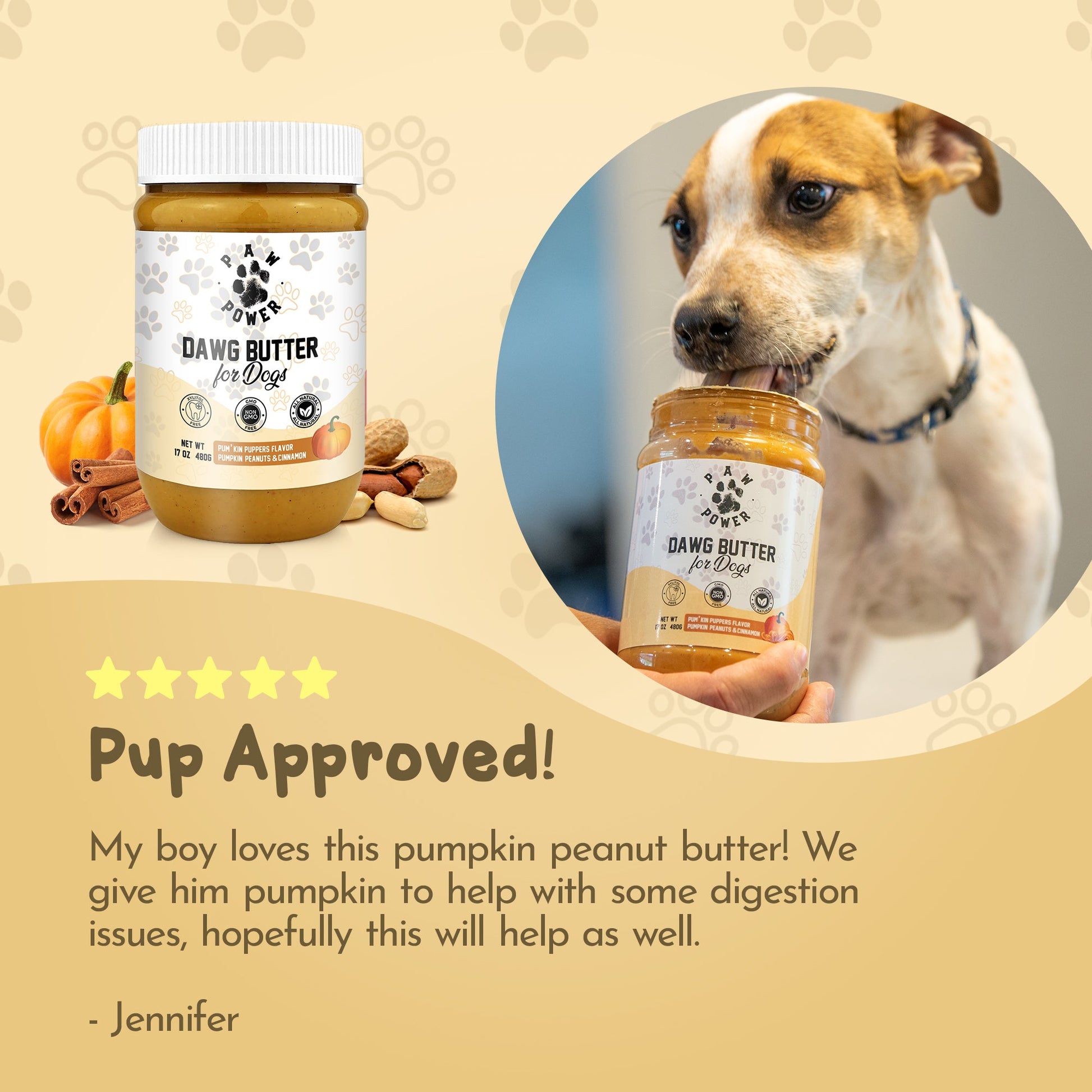 Dog enjoying Dawg Butter Pumkin Puppers peanut butter