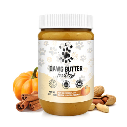 Dawg Butter Pumkin Puppers peanut butter jar, front view