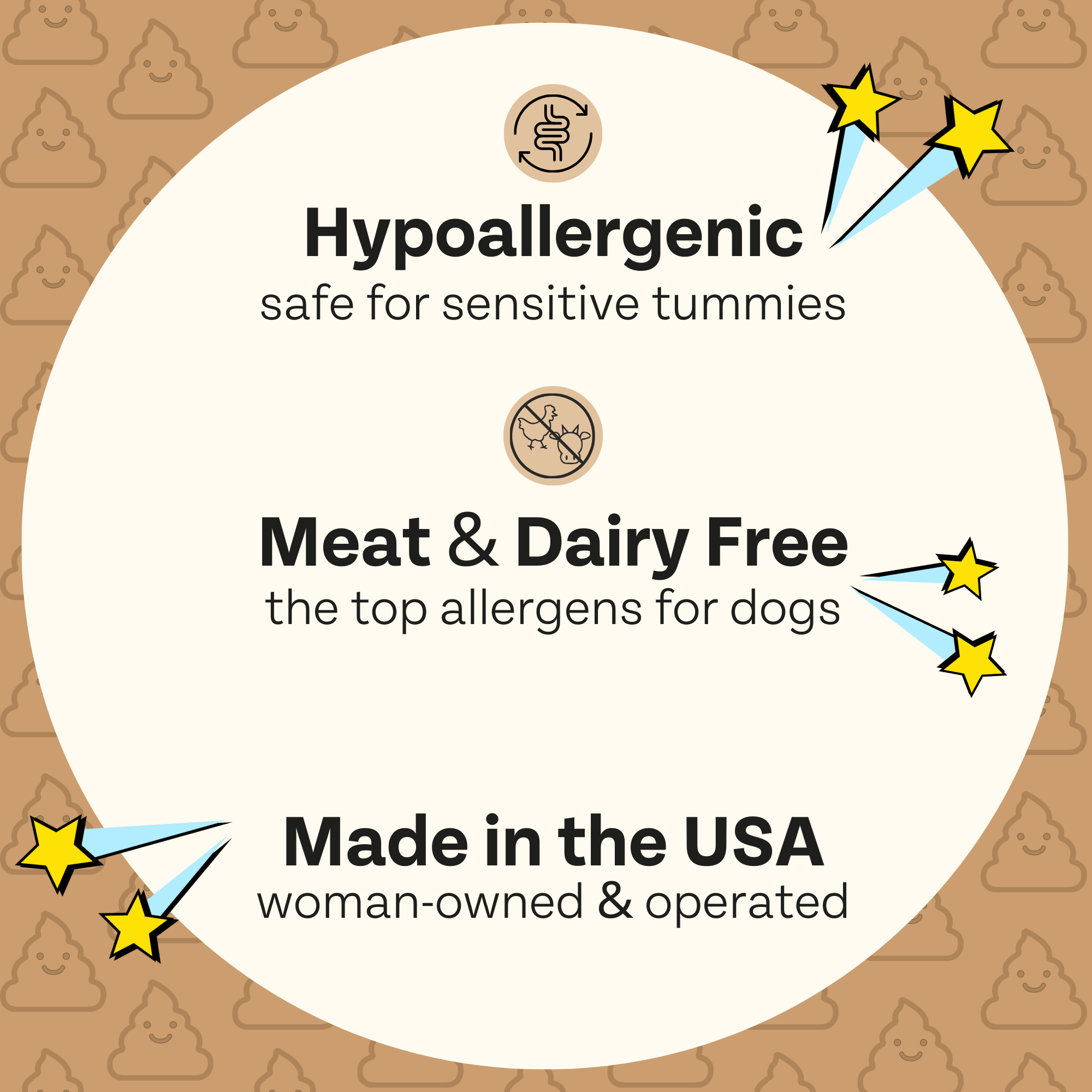 Product label with hypoallergenic, meat & dairy free, and made in the USA claims on a brown background with dog poop icons.