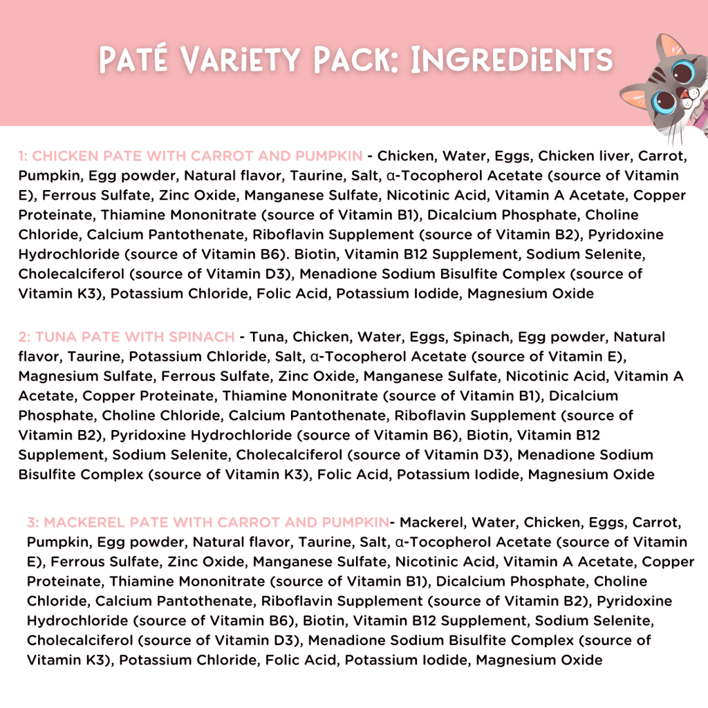 Ingredients list for a pété variety pack on a pink background with a cartoon owl.
