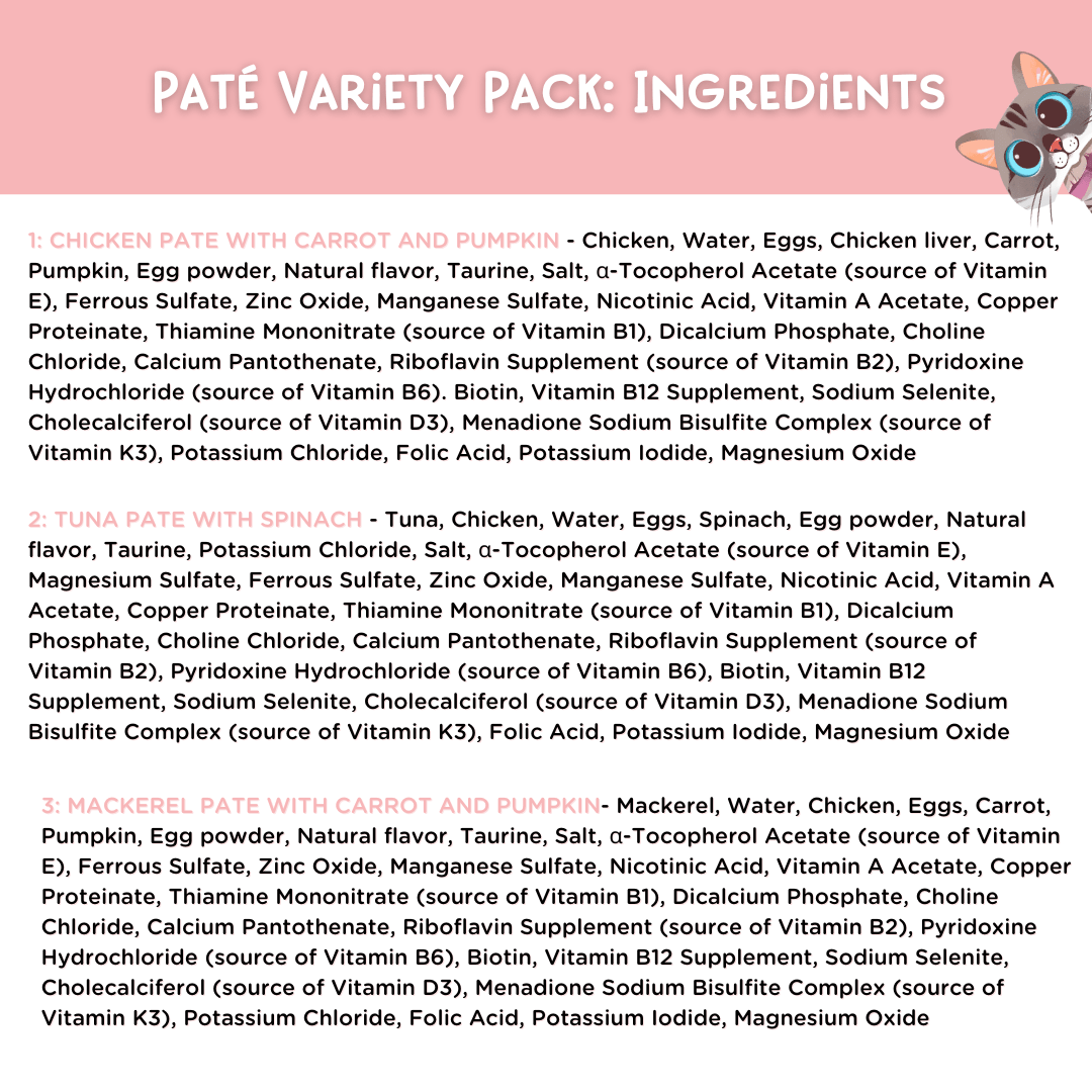 Ingredients list for a pété variety pack on a pink background with a cartoon owl.