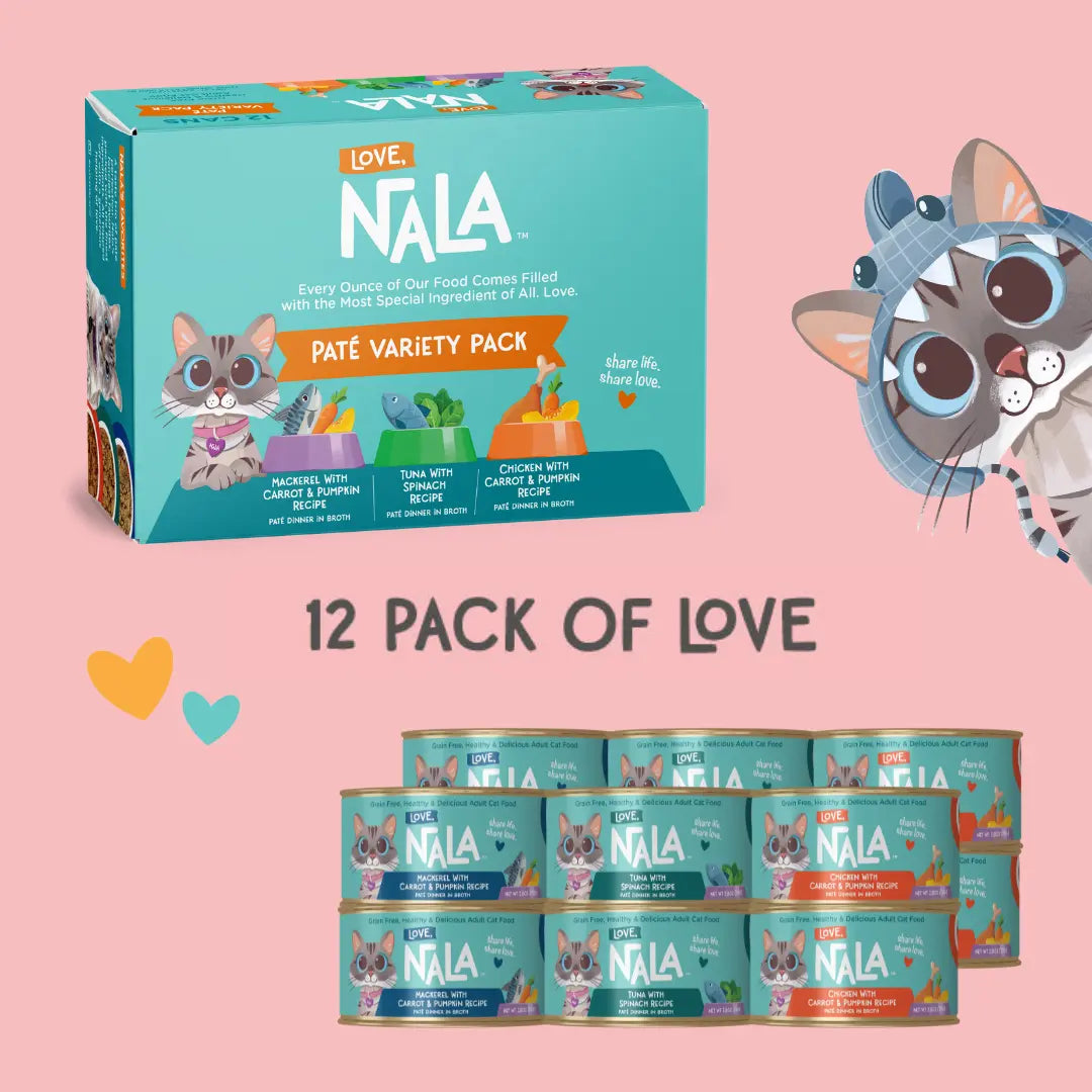 Nala cat food packaging with text '12 Pack of Love' on a pink background