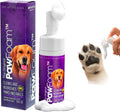 Paw foam product with packaging, application on paw, and box on a white background