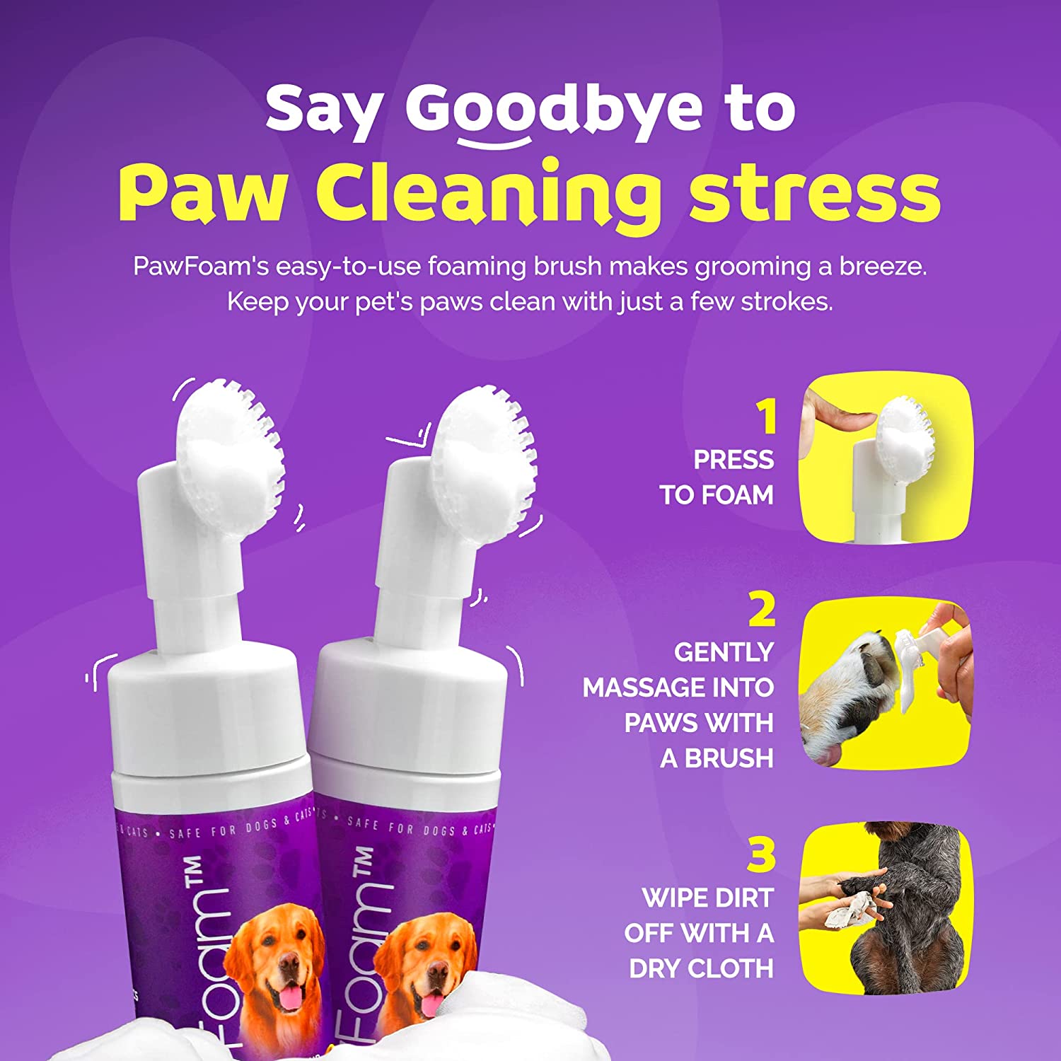PawFoam pet grooming product with instructions on a purple background