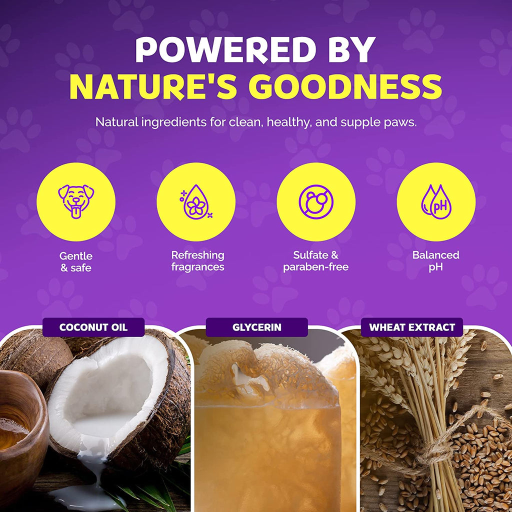Product advertisement with natural ingredients for pet care on a purple background