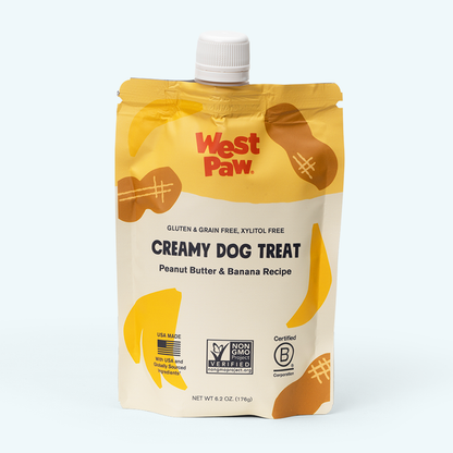 West Paw creamy dog treat packaging with yellow and white design on a white background